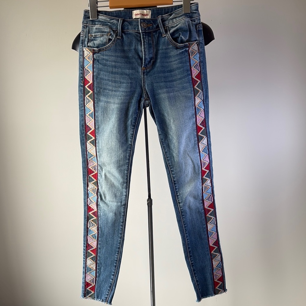 DRIFTWOOD Blue Skinny Jeans with Red & Cream Geometric Side Trim